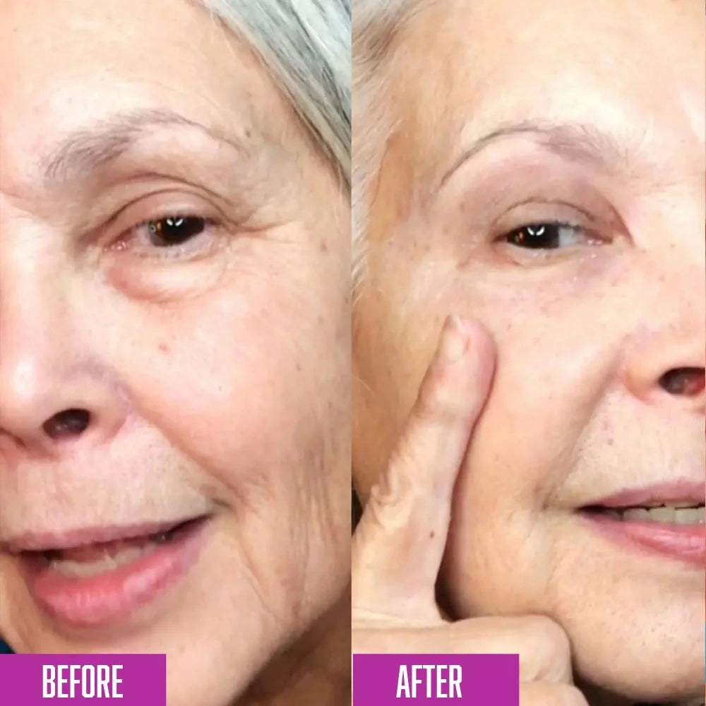 Before and after comparison of a person's face with visible aging signs and improvement after adding 7 minute lift serum.