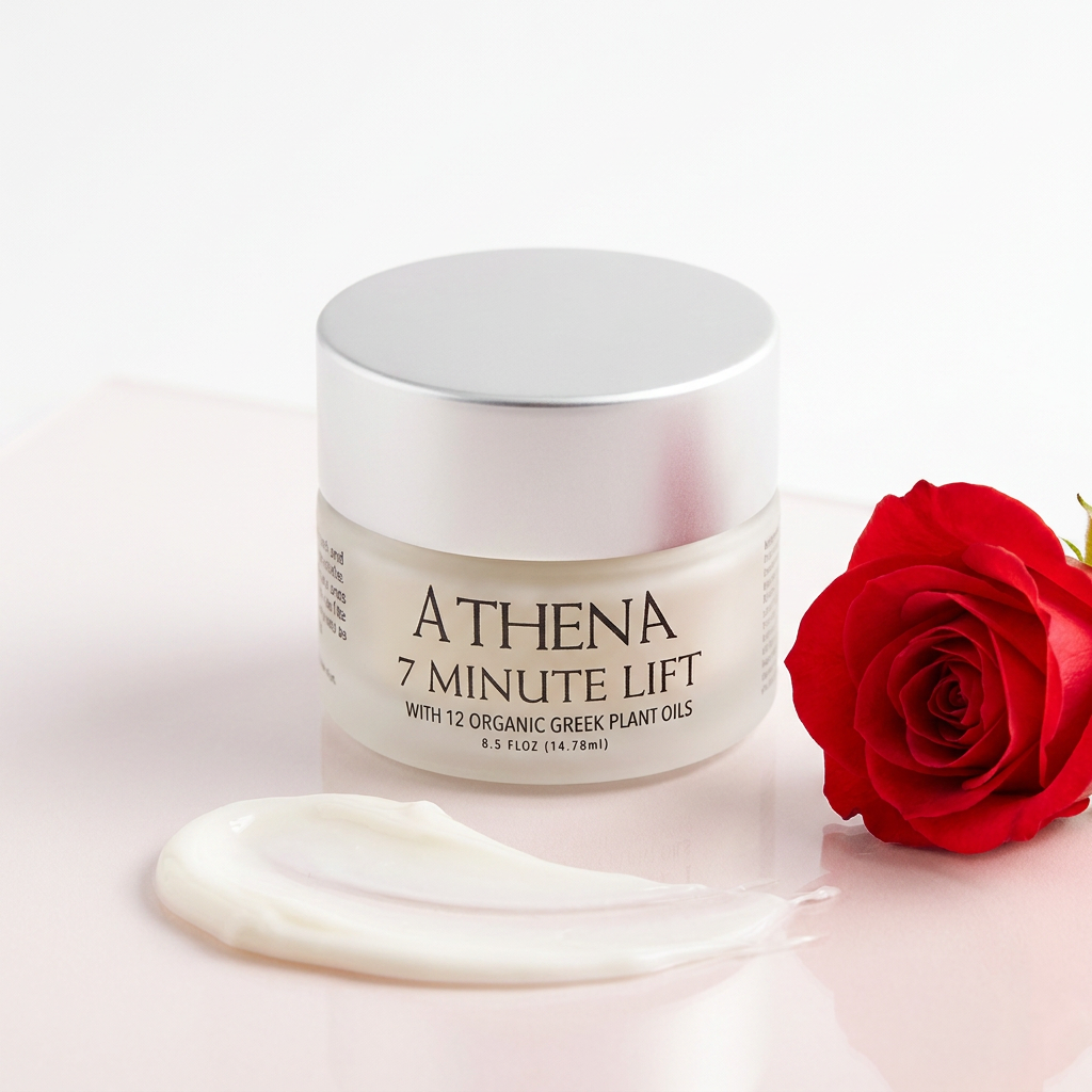 Athena 7 Minute Lift jar with cream swatch and rose